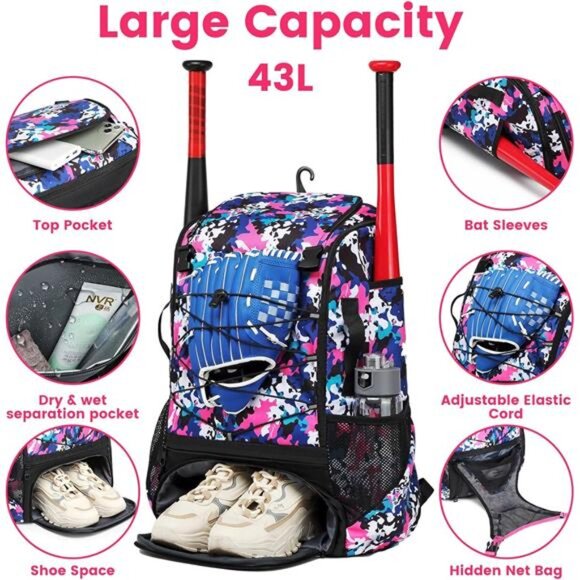 Softball Bag,Softball Bat Bag For Youth Adults,Baseball Bag with Fence Hook - Picture 4 of 7